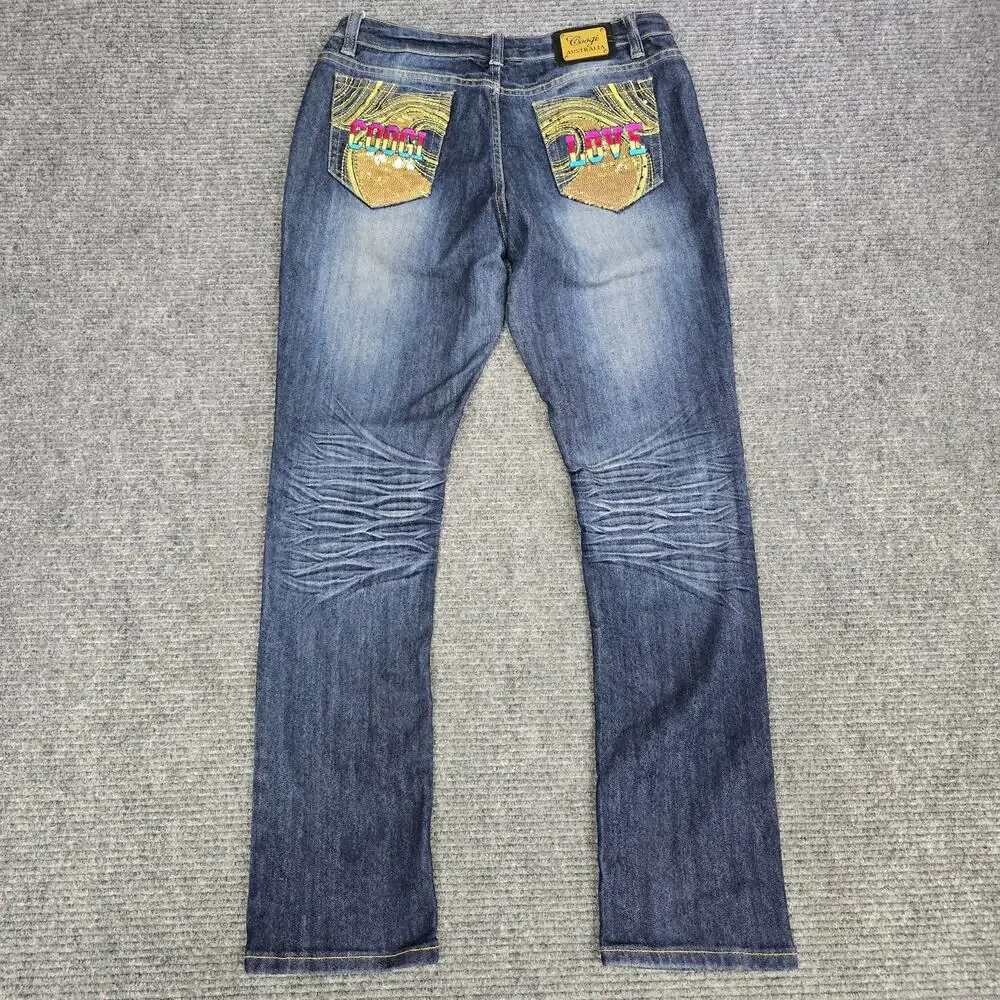 COOGI Jeans Womens 13/14 31x32 Blue Straight Leg Sequin LOVE Y2K Embellished